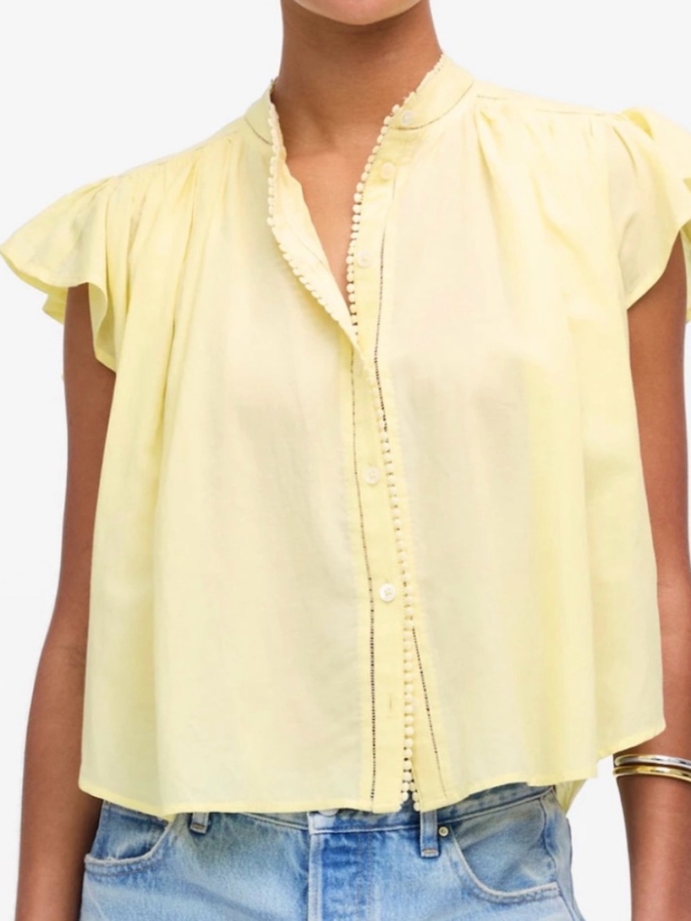Madewell Pale Yellow Flutter Sleeve Button-Front Blouse